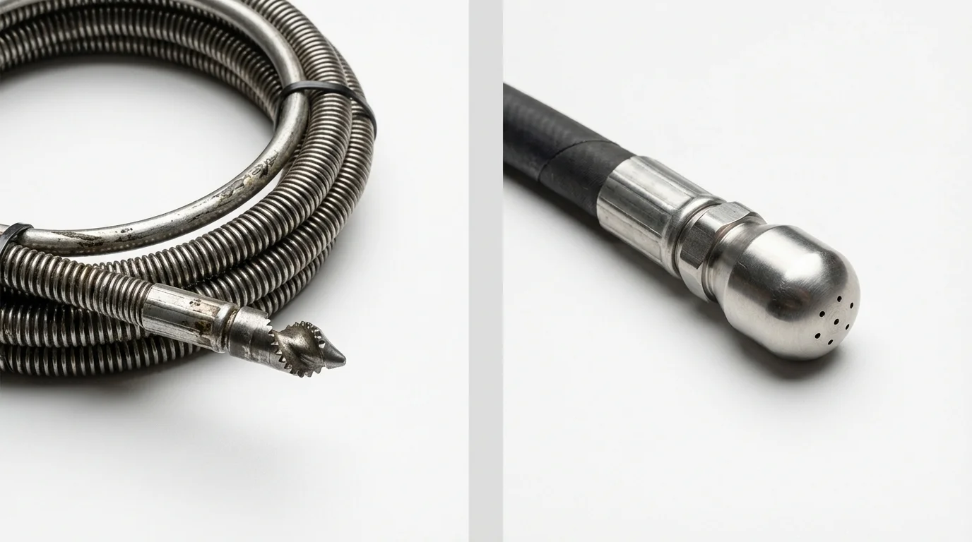 Drain snake cable and hydro jetting nozzle used for drain cleaning in Versailles, MO