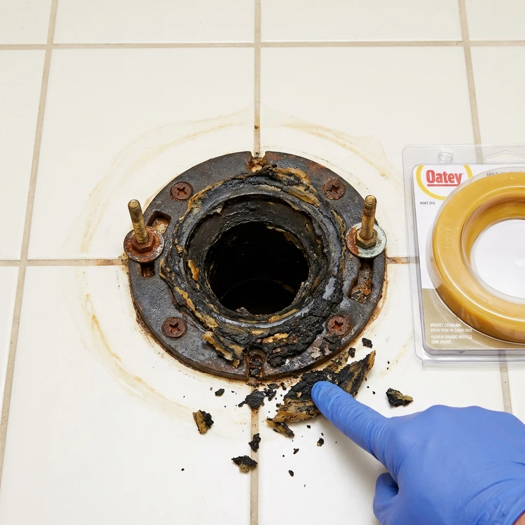 Failed wax ring showing water seepage at the base of a toilet in a Versailles, MO home