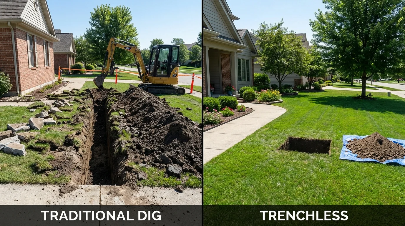 Trenchless sewer repair with minimal yard damage versus traditional excavation in Versailles, MO