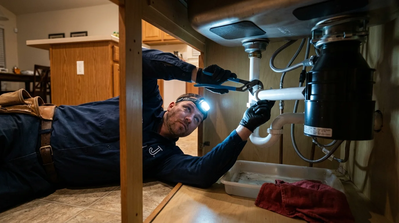 P-trap and supply line connections under a kitchen sink showing a common leak point in Versailles, MO